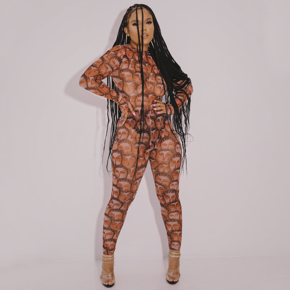 Autumn Winter Personality Printed Sexy See Through Jumpsuit