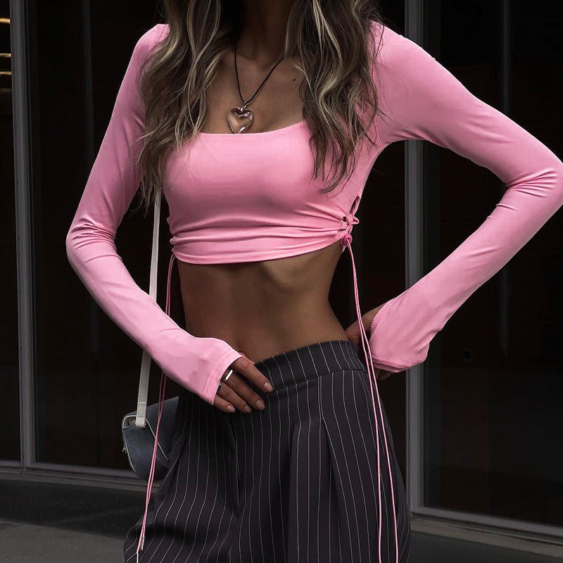 Sexy Long Sleeves Cropped T shirt Fall Women Clothing Solid Color U Collar Short Top