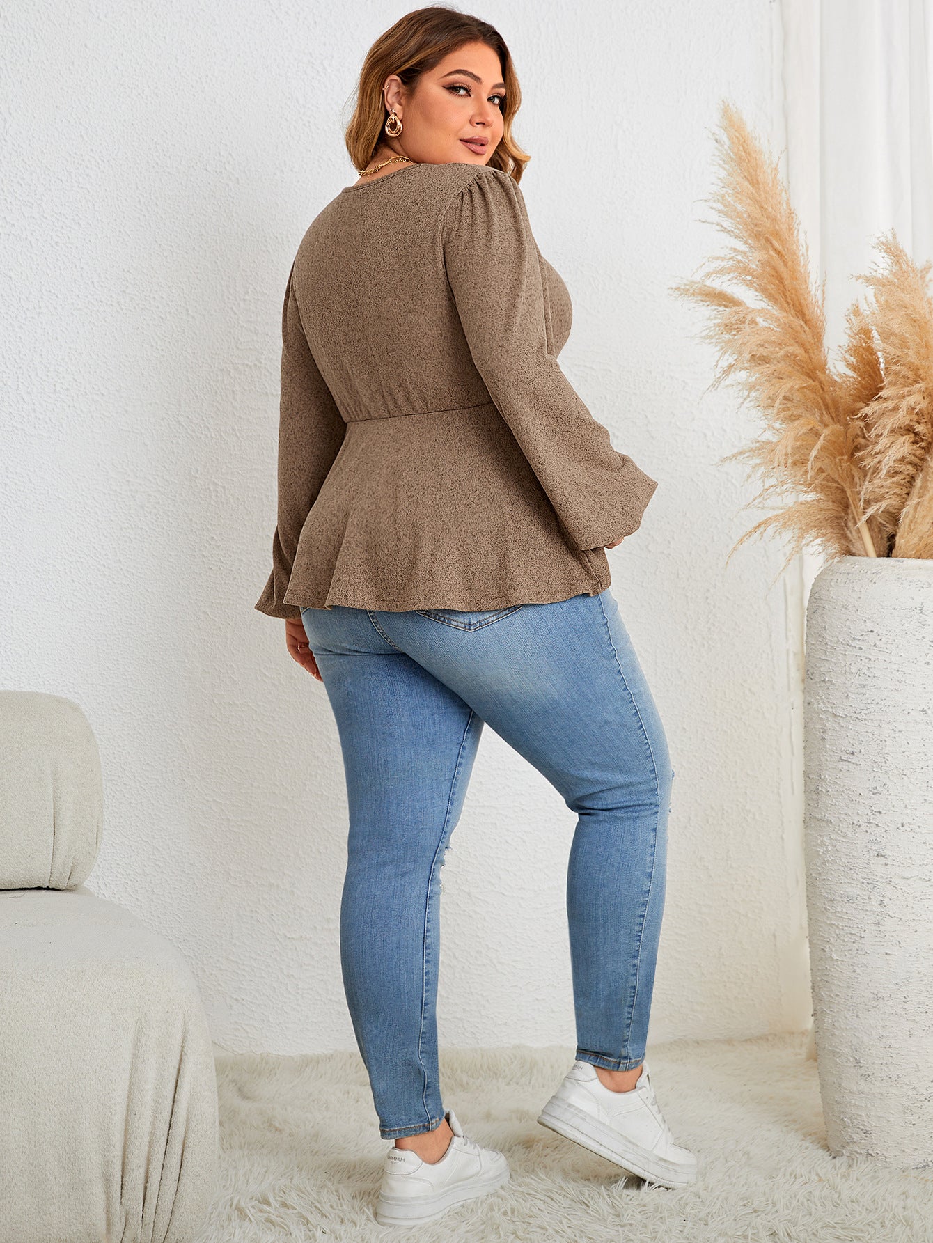 Autumn plus Size Women Solid Color V neck Long Sleeve Casual Top