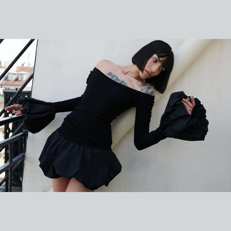 Autumn Winter Women Clothing Round Neck Flared Sleeves Slim Bud Dress