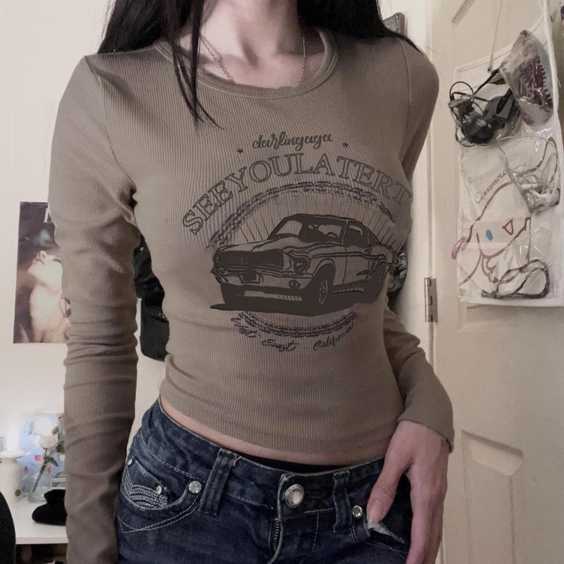 Basic Cartoon Car Letter Graphic Printing round Neck Long Sleeve T shirt Sexy All-Match Slimming Bottoming Top Autumn
