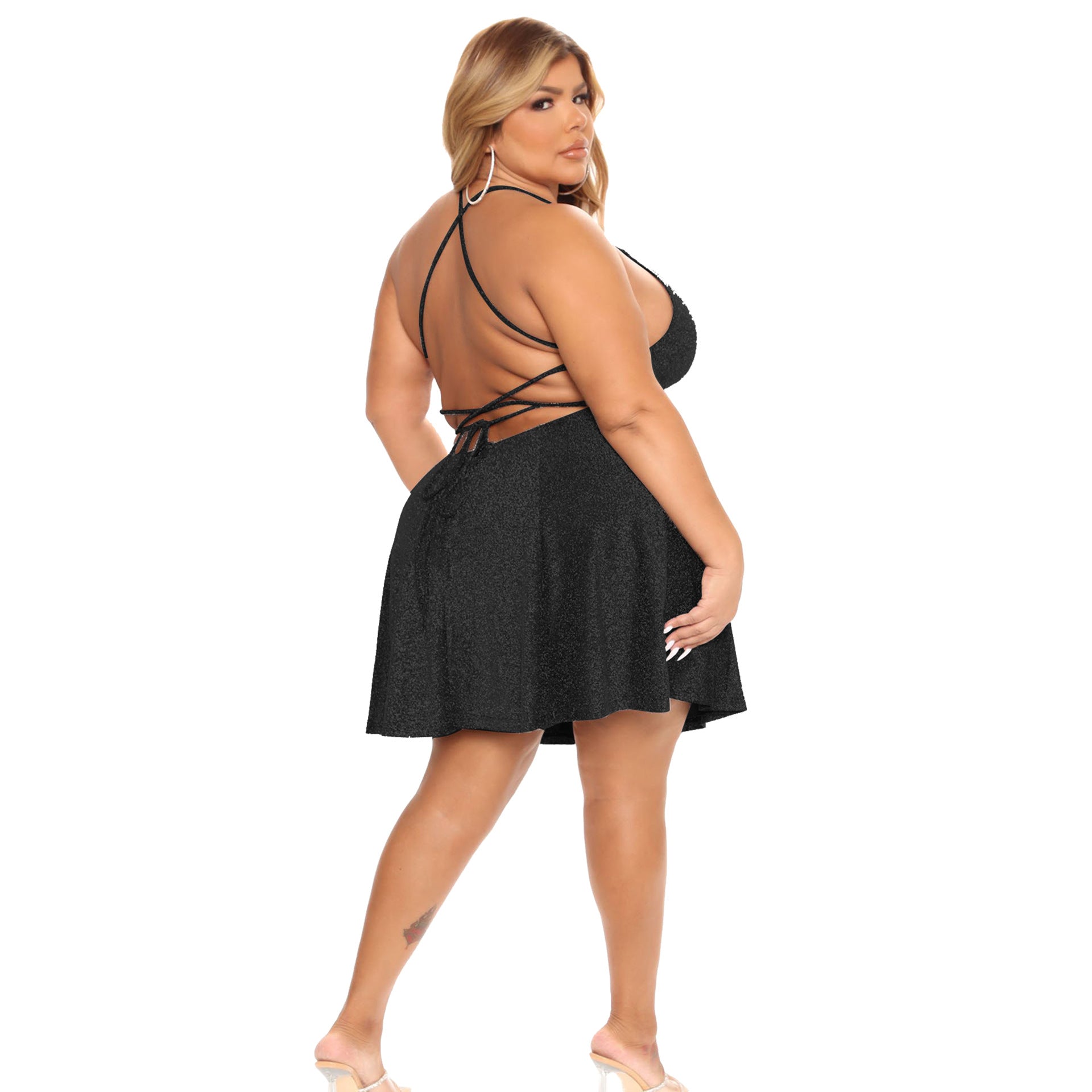 Plus Size Women Clothing Sexy Strap Dress Lace-up Backless Silver String Short Dress Women