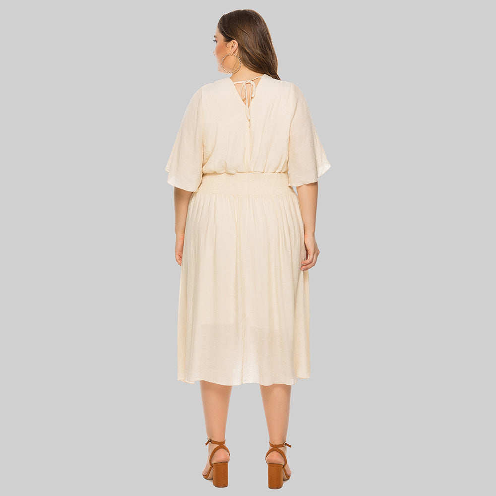 Plus Size Summer Women Clothing Solid Color V-neck Waist-Controlled Flying Sleeves Dress