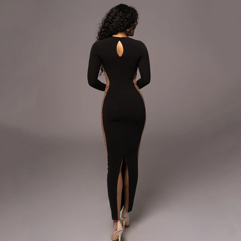 Autumn Winter round Neck Long Sleeved Dress Women Sexy Split Dress