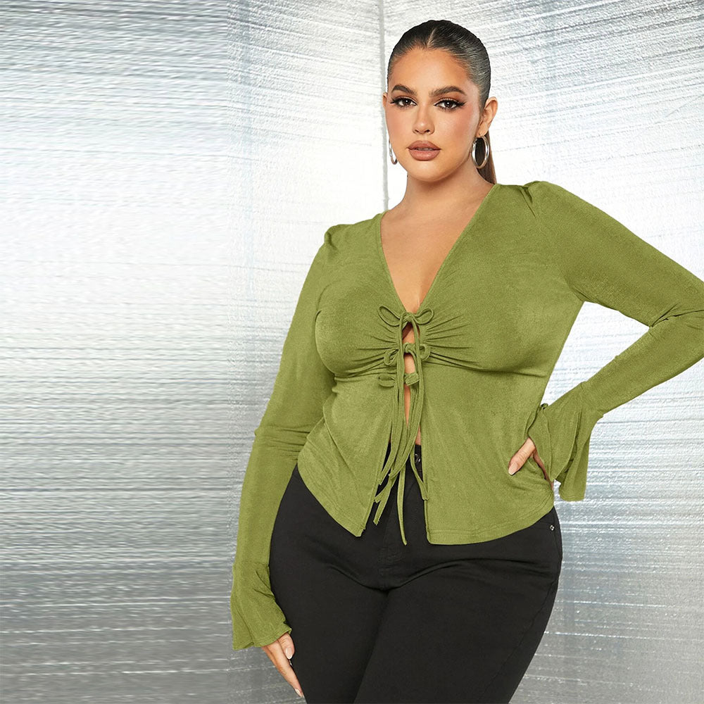 plus Size Women Clothes Slim Fit Lace up V neck Knitted Long Sleeves Office Sexy Top Women Shirt