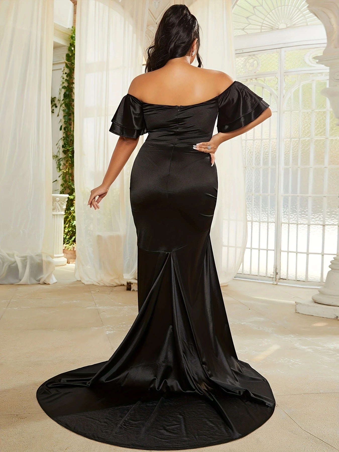 Plus Size Women One Neck Slim Dress Solid Color Sheath Maxi Dress