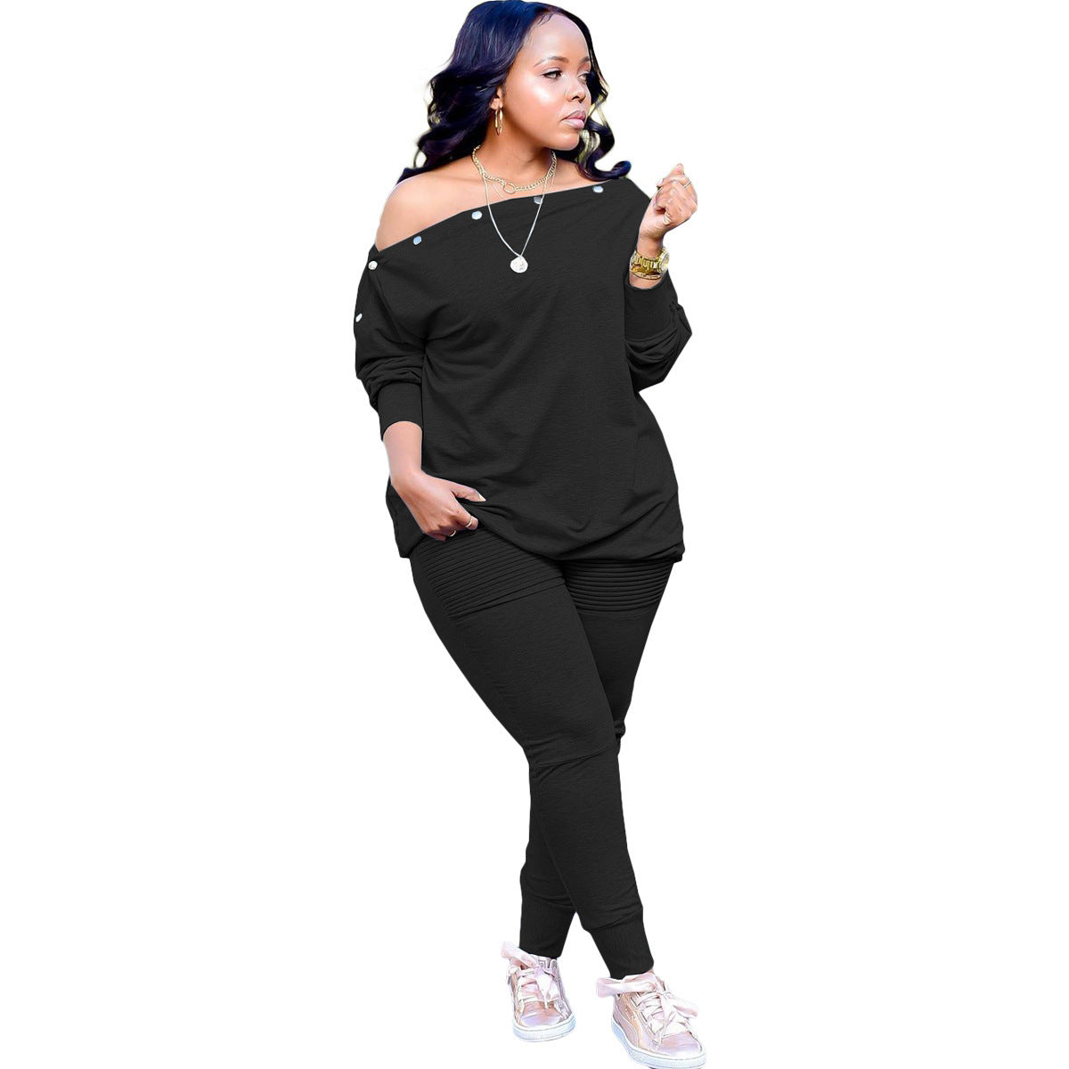 Plus Size Fall Winter Long Sleeved Trousers Solid Color Special Casual Women Set Clothes