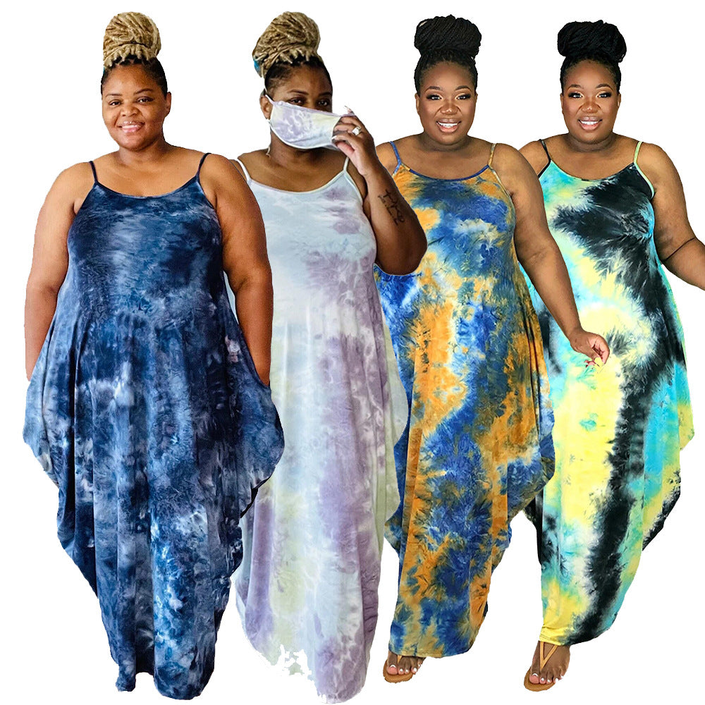 Plus Size Sundress Women Clothes Popular Tie-Dye Printed Loose Strap Ladies Irregular Asymmetric Dress