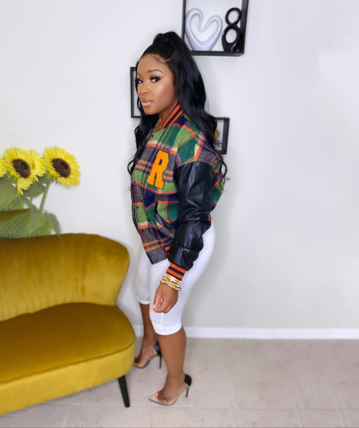 Plus Size Women Clothes Casual Embroidery Thread Faux Leather Stitching Varsity Jacket Jacket