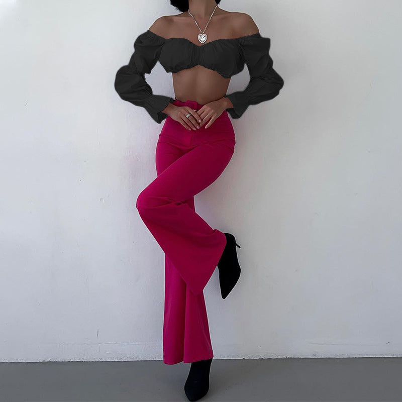 Spring Summer Women Bubble Long Sleeve Sexy Slim Fit Short Cropped Top