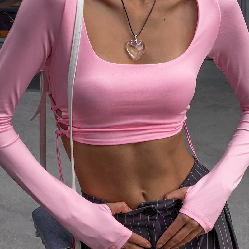 Sexy Long Sleeves Cropped T shirt Fall Women Clothing Solid Color U Collar Short Top