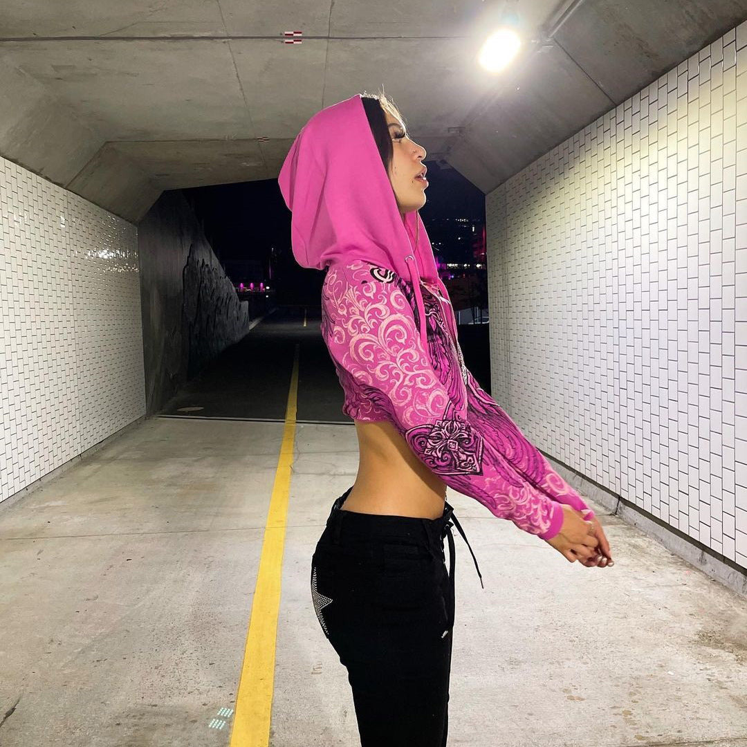 Printing Color Contrast Short Sweater Women Spring Autumn Hooded Zipper Short Top Women Sexy Bare Cropped