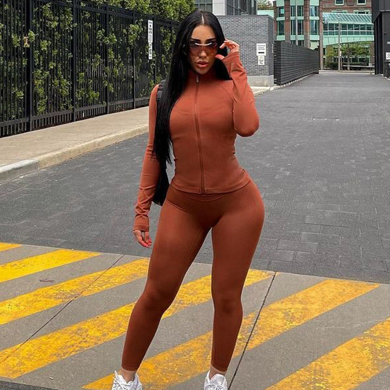 Plus Size Fall Winter Women Solid Color Zipper Casual Body Hugging Suit Women Sports Two Piece Set