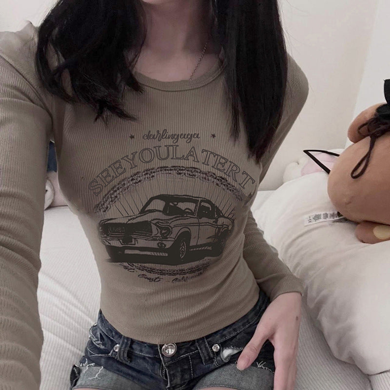 Basic Cartoon Car Letter Graphic Printing round Neck Long Sleeve T shirt Sexy All-Match Slimming Bottoming Top Autumn