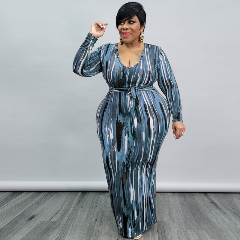 Plus Size Women Clothing Spring Printing Dyeing U Collar with Belt Skinny Long Dress