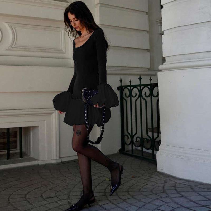 Autumn Winter Women Clothing Round Neck Flared Sleeves Slim Bud Dress