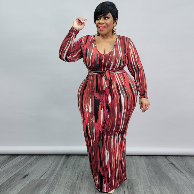 Plus Size Women Clothing Spring Printing Dyeing U Collar with Belt Skinny Long Dress