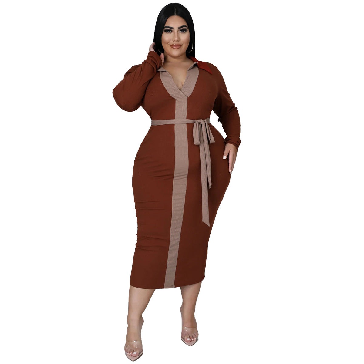 Plus Size Women Clothing Autumn Winter Multi-Color Mosaic Lace-up Elegant Sexy Dress for Women