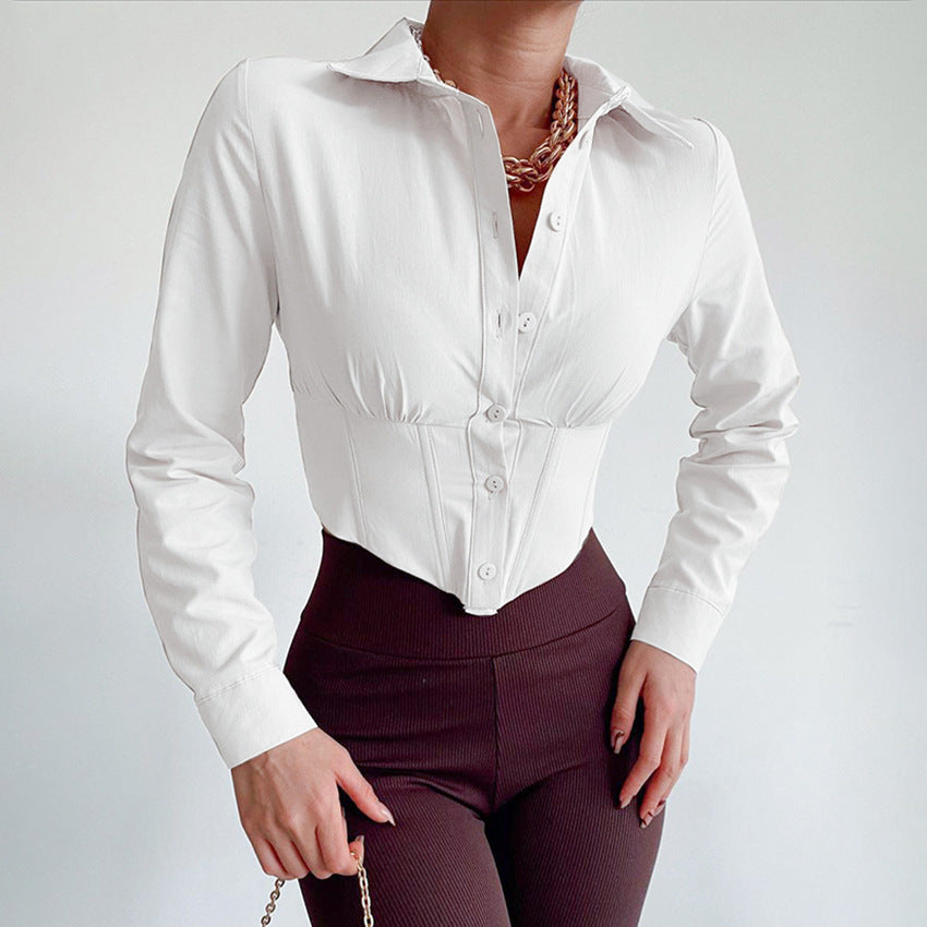 White High Waist Blouse Workplace Office Sexy Top Niche Design Shirt Women Clothing