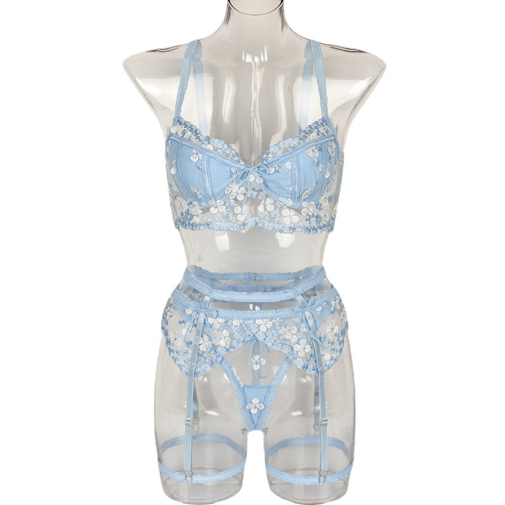 Sexy Underwear Summer Girl Three Piece Set Exquisite Small Floral Splicing Tape Lining Steel Ring Women Clothing