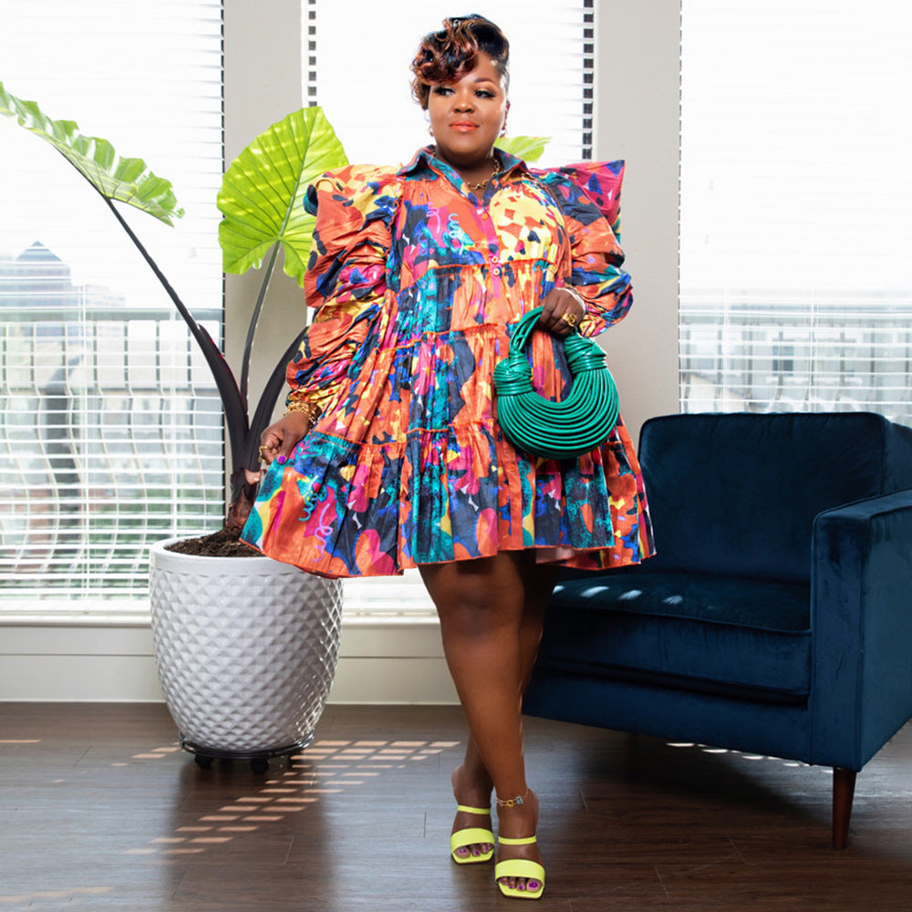 Plus Size Women Clothes Printed Ruffled Button Dress Shirt Dress