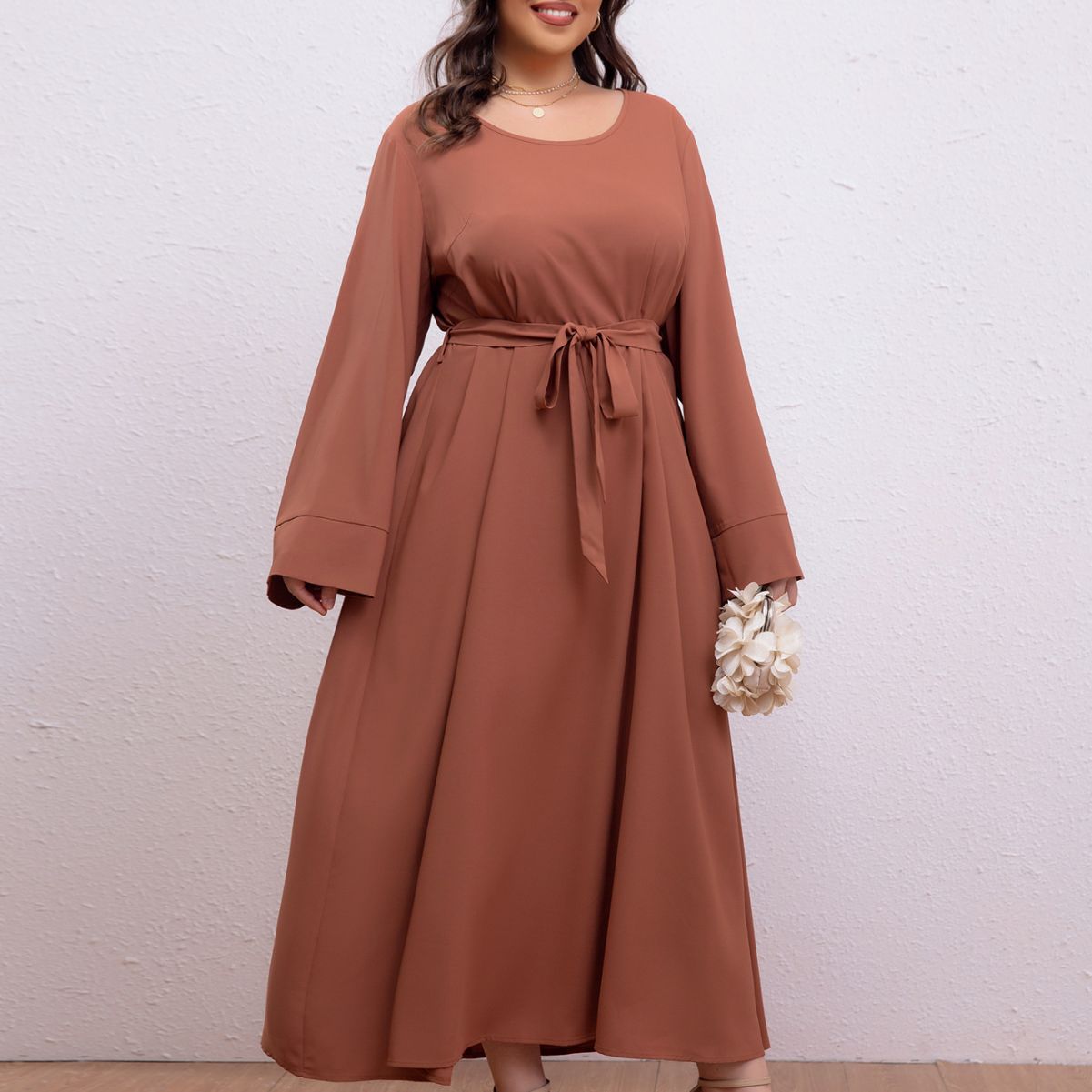 Plus Size Loose Retro Solid Color Office Artistic Middle East Lace up Pullover Dress Women
