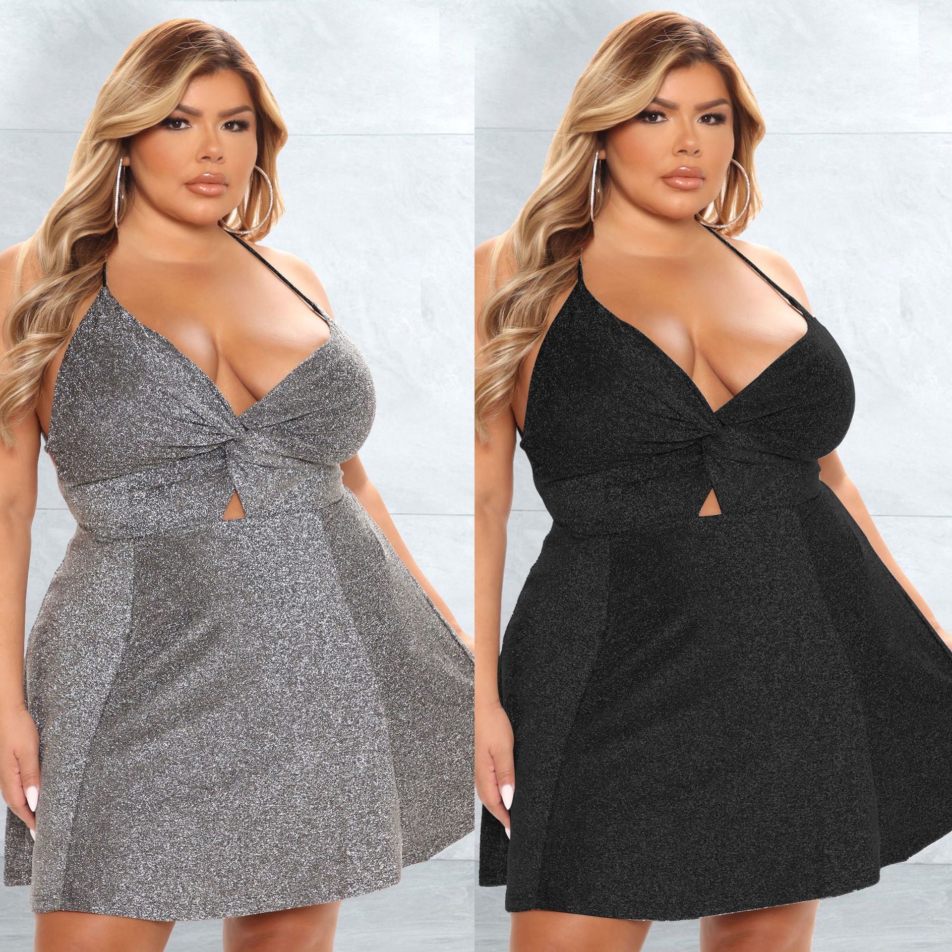Plus Size Women Clothing Sexy Strap Dress Lace-up Backless Silver String Short Dress Women