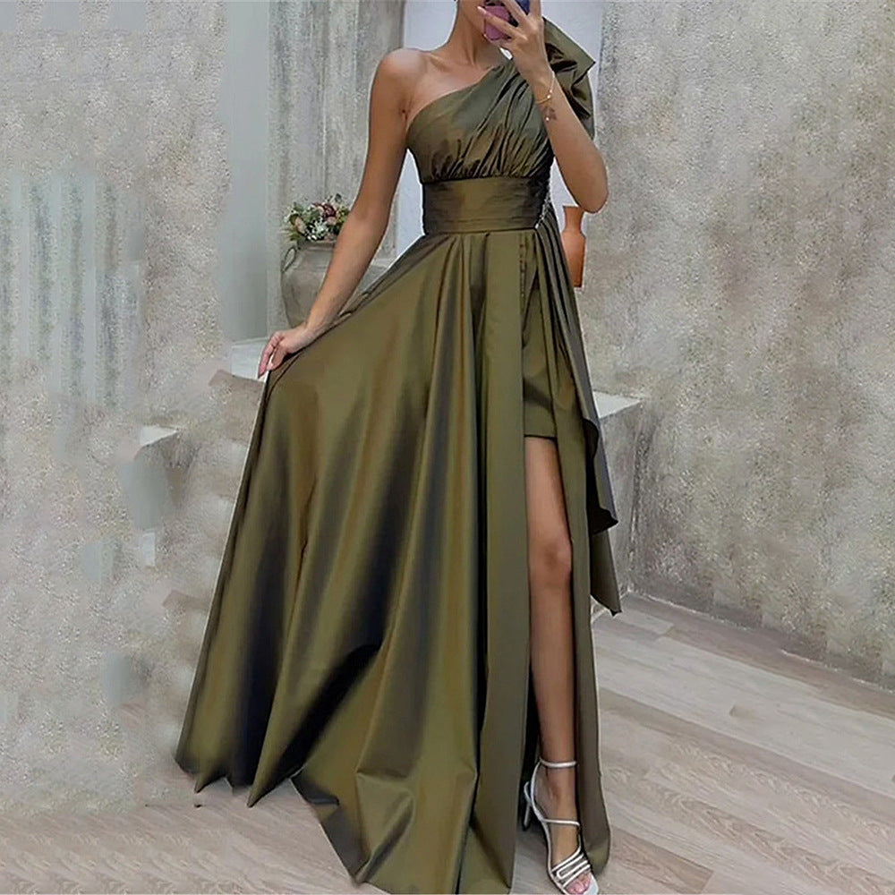 Spring Summer Women Clothing Diagonal Collar Strapless High Waist Irregular Asymmetric Dress Dress for Women