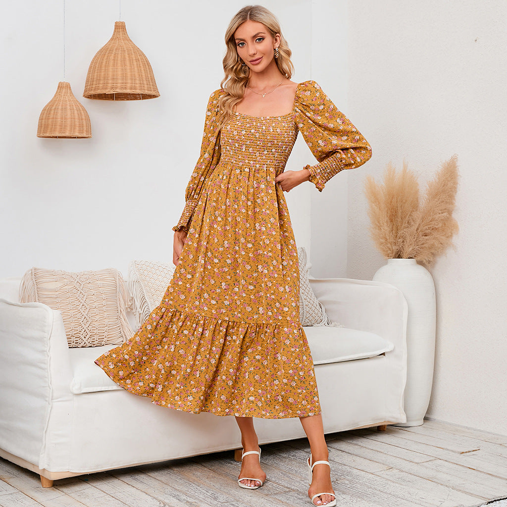 Spring Small Floral Dress Chiffon Long Sleeve Dress