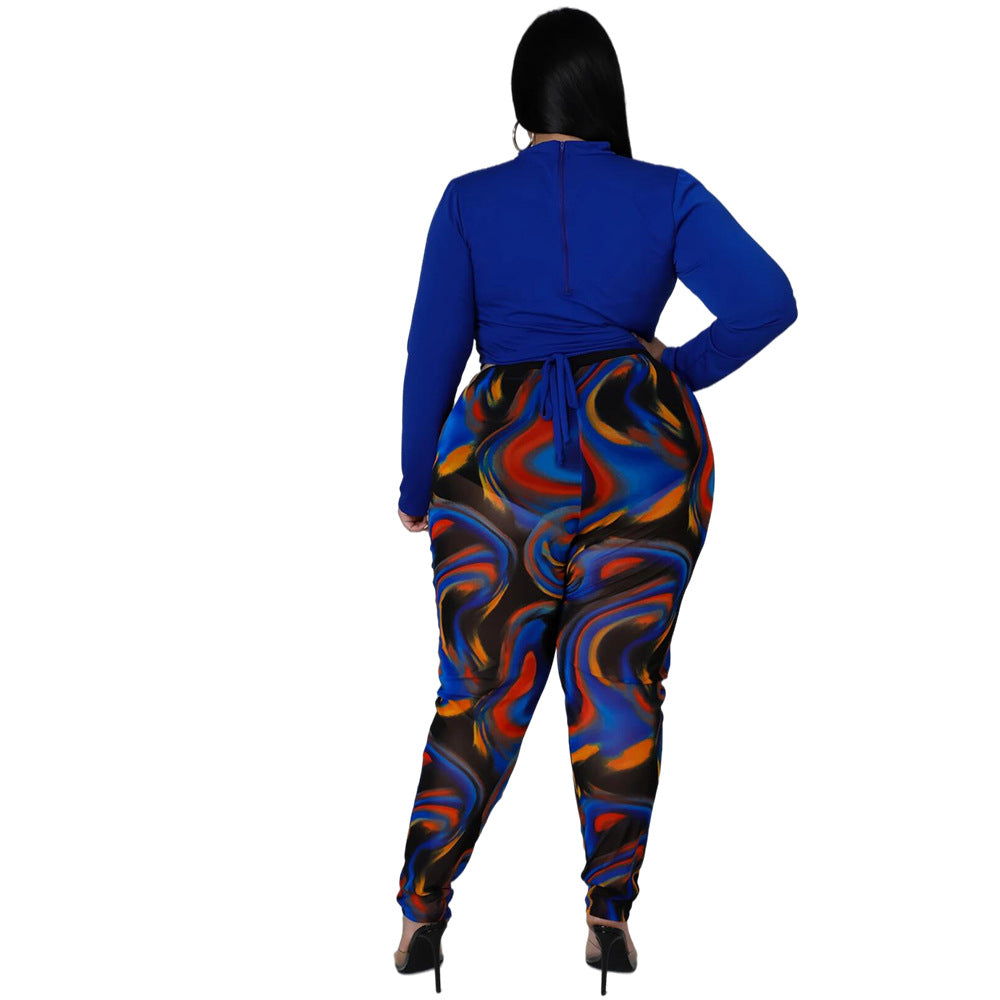 Plus Size Autumn Winter Irregular Asymmetric Characteristic Striped Printing Rope Slim Ladies Suit