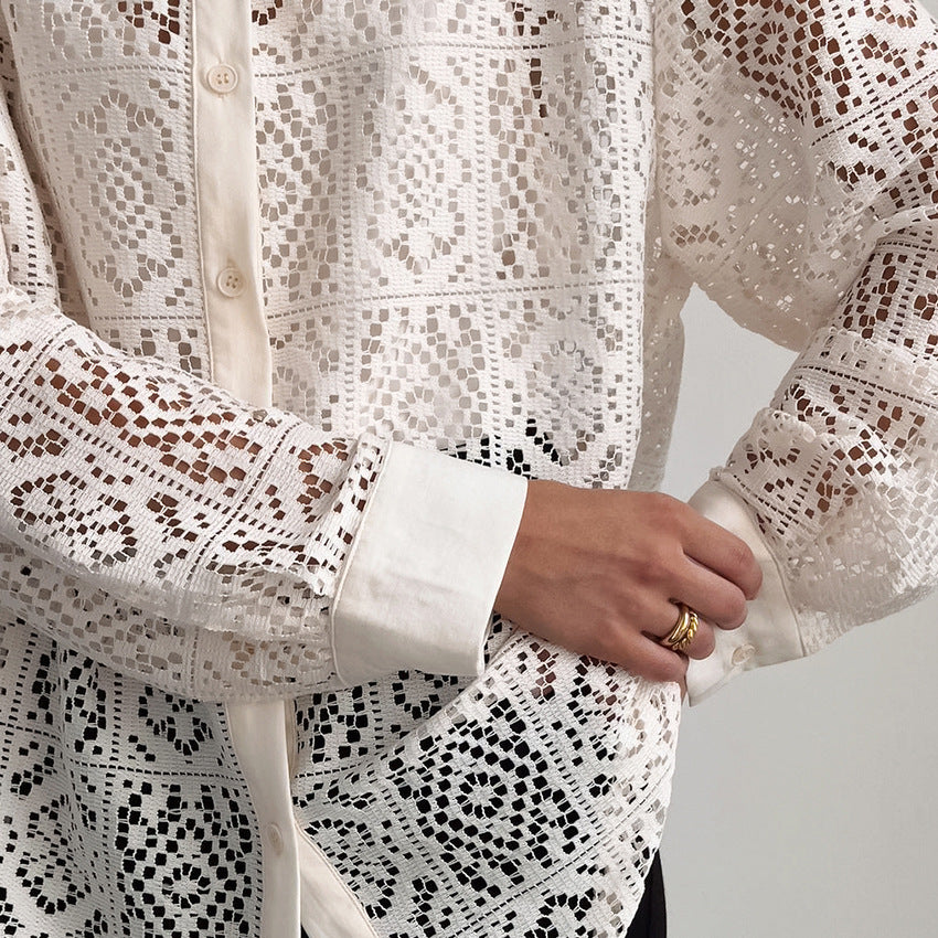 Lace Hollow Out Cutout Shirt Office Women's Clothing Design Long Sleeve Shirt Women