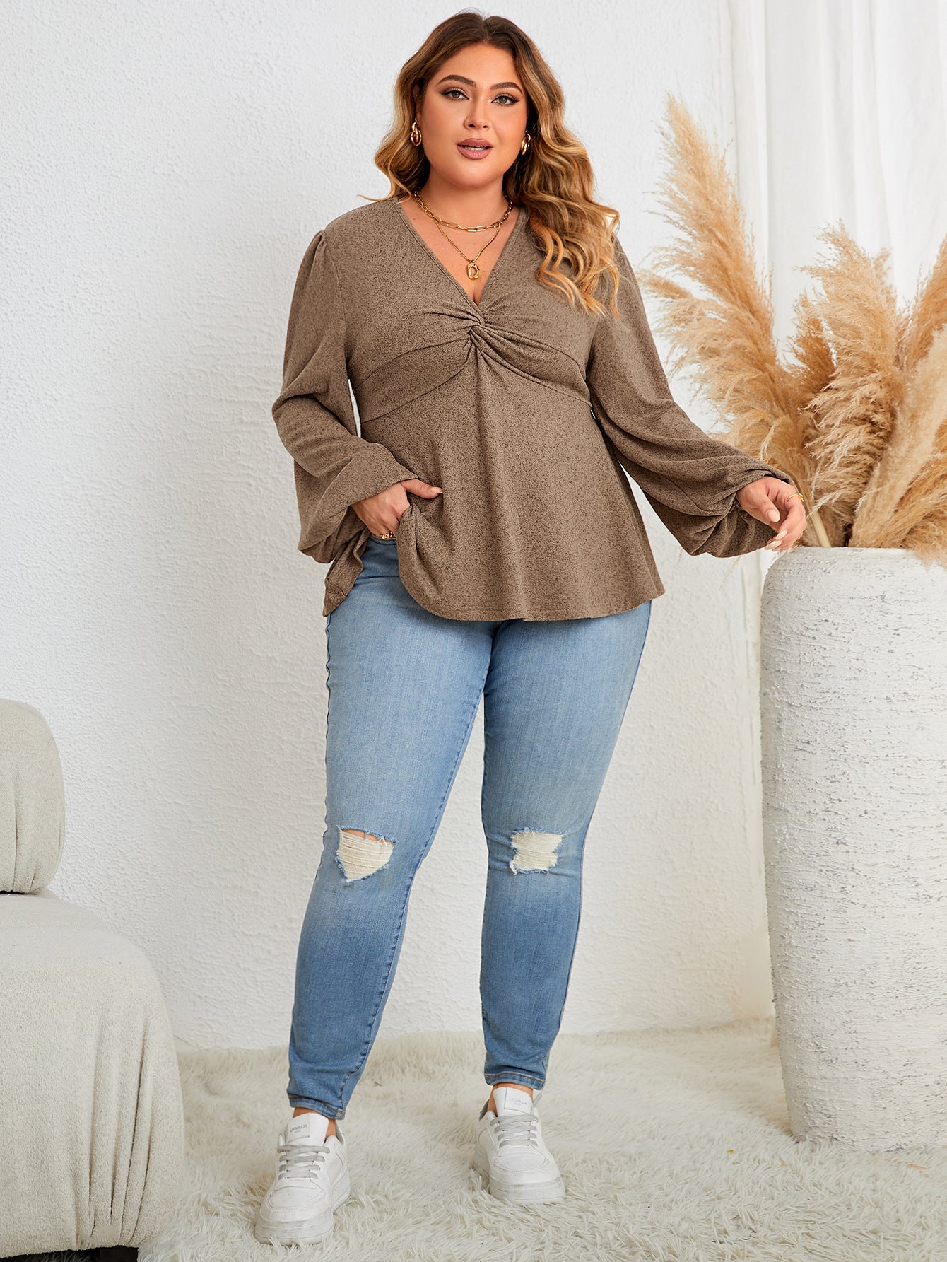 Autumn plus Size Women Solid Color V neck Long Sleeve Casual Top