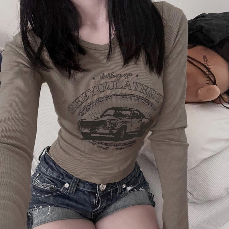 Basic Cartoon Car Letter Graphic Printing round Neck Long Sleeve T shirt Sexy All-Match Slimming Bottoming Top Autumn
