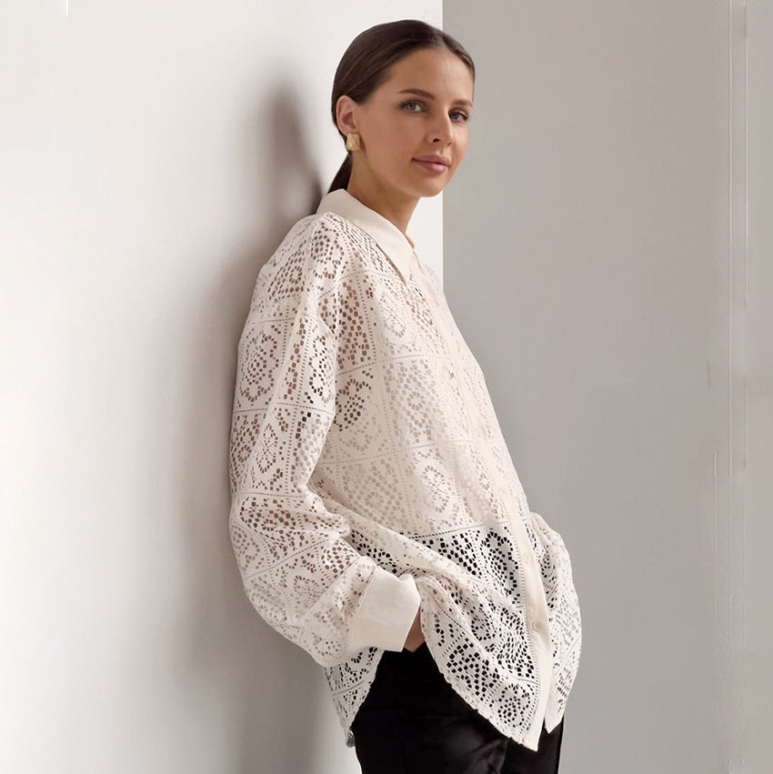 Lace Hollow Out Cutout Shirt Office Women's Clothing Design Long Sleeve Shirt Women