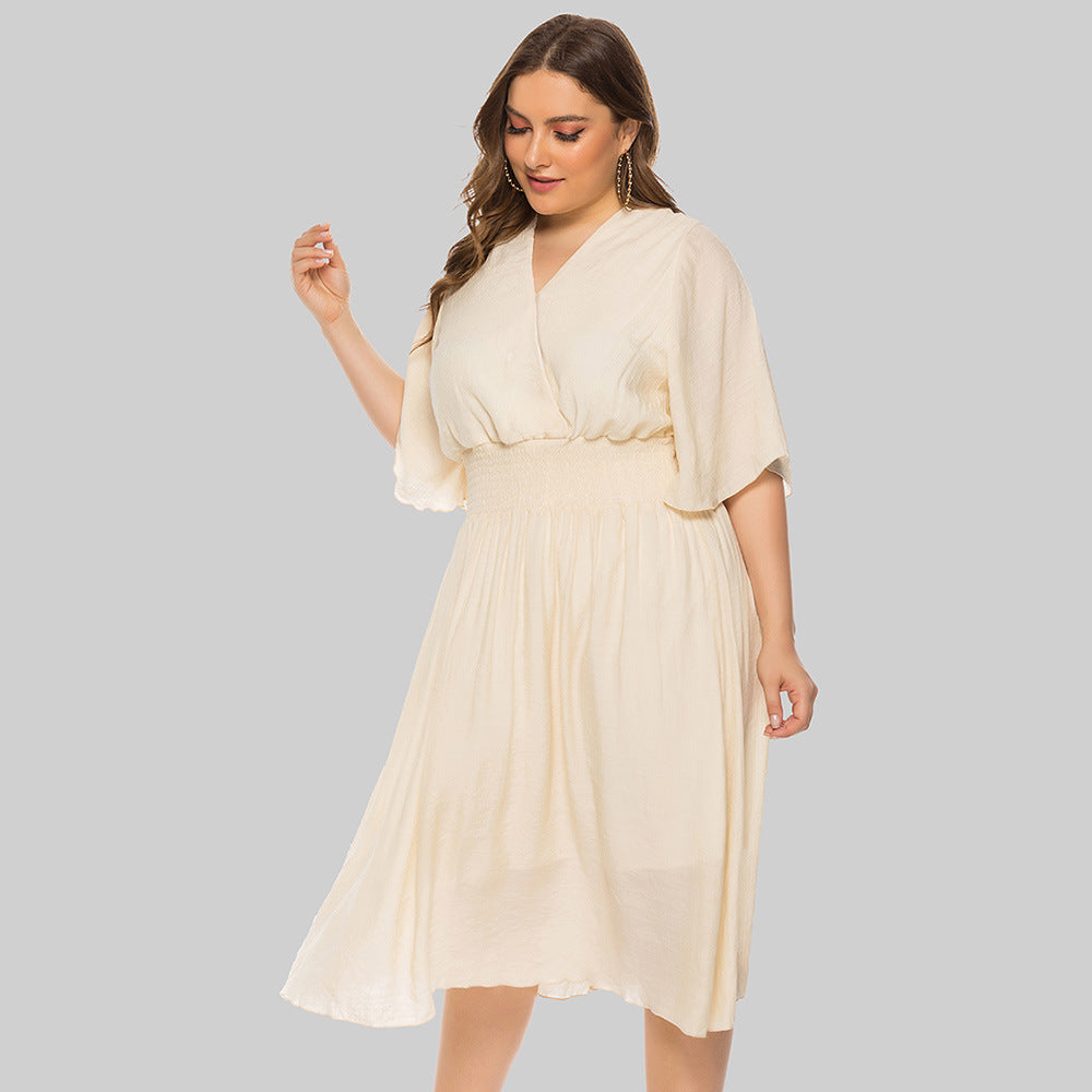 Plus Size Summer Women Clothing Solid Color V-neck Waist-Controlled Flying Sleeves Dress
