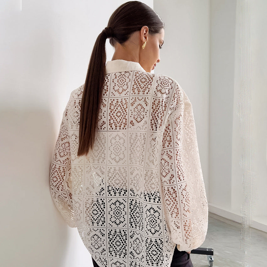 Lace Hollow Out Cutout Shirt Office Women's Clothing Design Long Sleeve Shirt Women