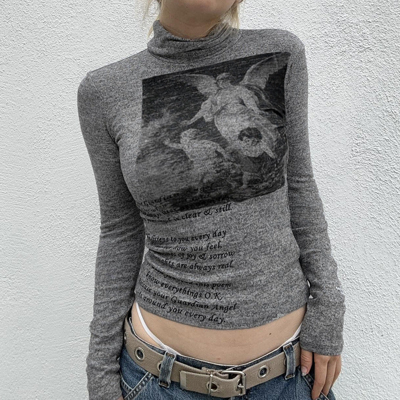 Basic Slim Fit Turtleneck Autumn Winter Bottoming T shirt Retro Little Angel Printed Letter Graphic Stretch Knitted Top