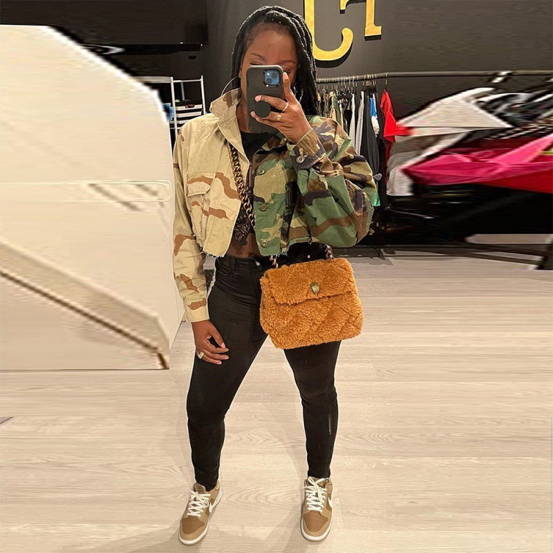 Autumn Personalized Trendy Contrast Color Tassel Washed Camouflage Jacket Women