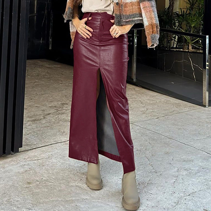 Wine Red Leather Straight Skirt Autumn Retro Women Clothing Leather Skirt Split Dress