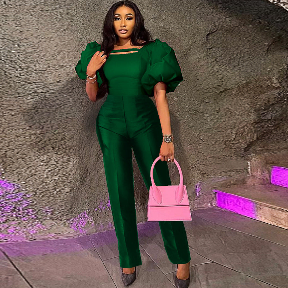 Spring Square Collar Puff Sleeve Jumpsuit Elegant Graceful Party Party Women Clothing Jumpsuits
