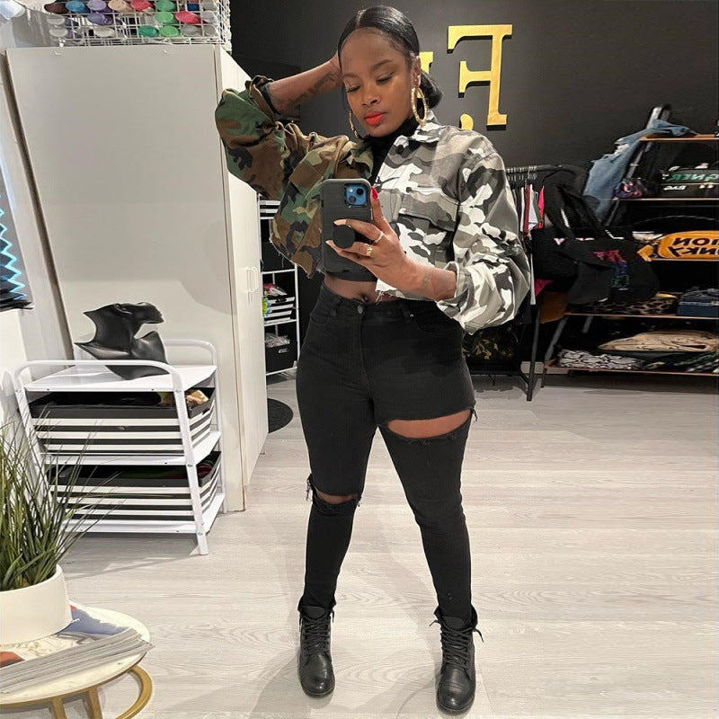 Autumn Personalized Trendy Contrast Color Tassel Washed Camouflage Jacket Women