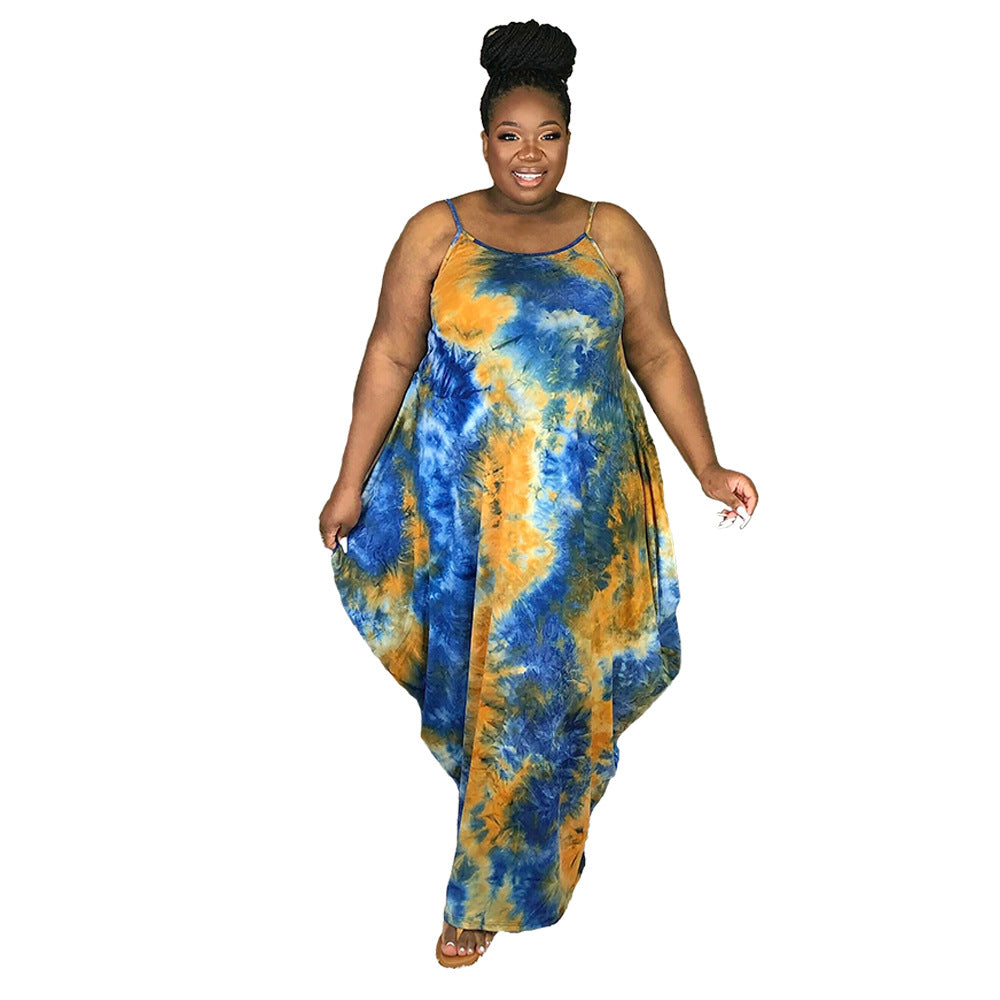 Plus Size Sundress Women Clothes Popular Tie-Dye Printed Loose Strap Ladies Irregular Asymmetric Dress