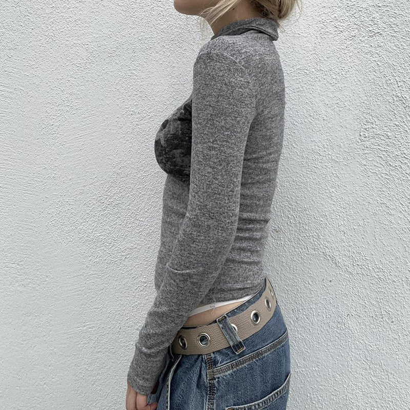 Basic Slim Fit Turtleneck Autumn Winter Bottoming T shirt Retro Little Angel Printed Letter Graphic Stretch Knitted Top