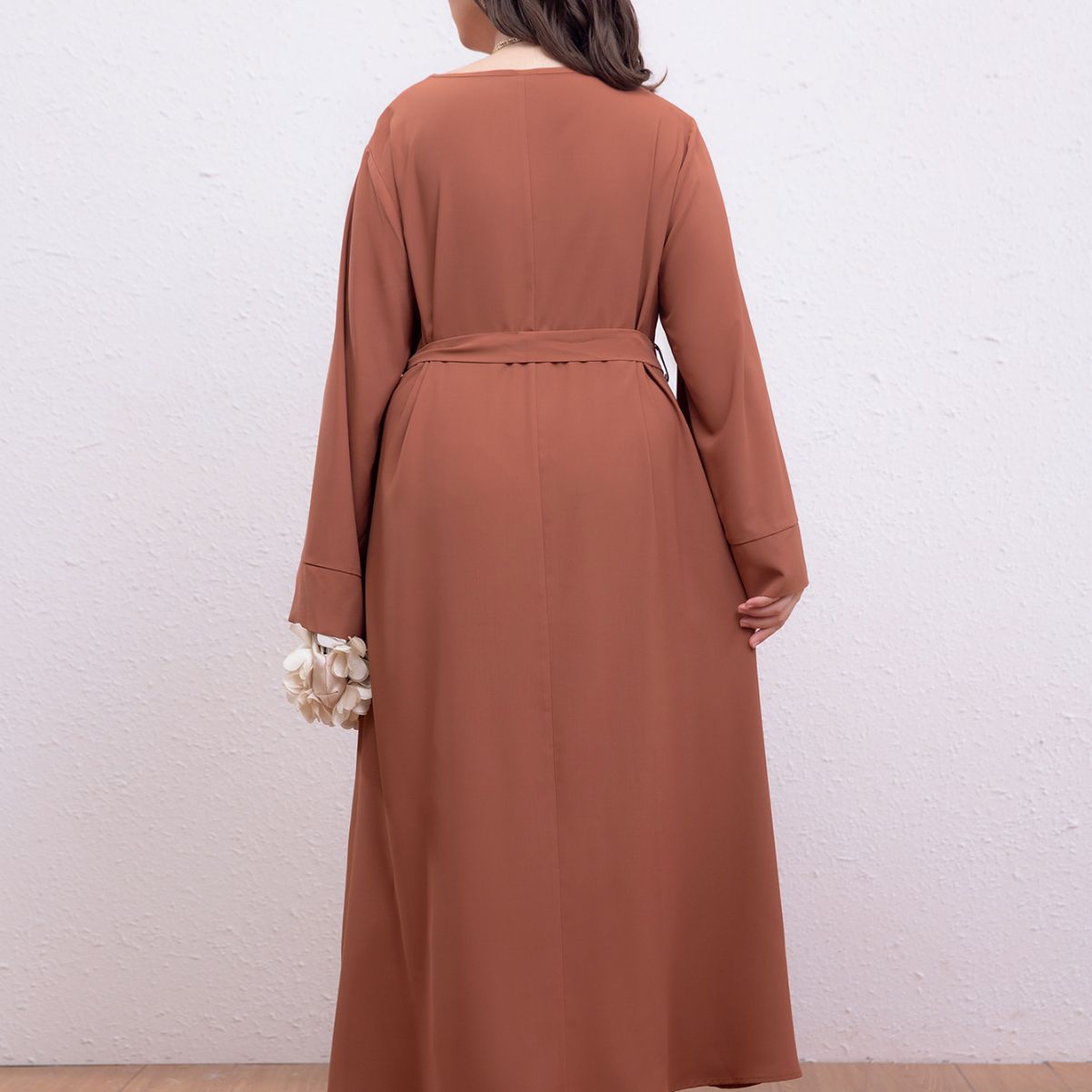 Plus Size Loose Retro Solid Color Office Artistic Middle East Lace up Pullover Dress Women