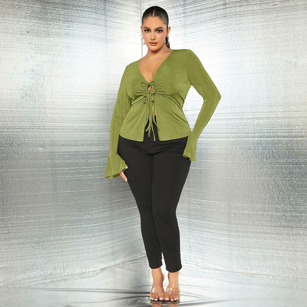 plus Size Women Clothes Slim Fit Lace up V neck Knitted Long Sleeves Office Sexy Top Women Shirt