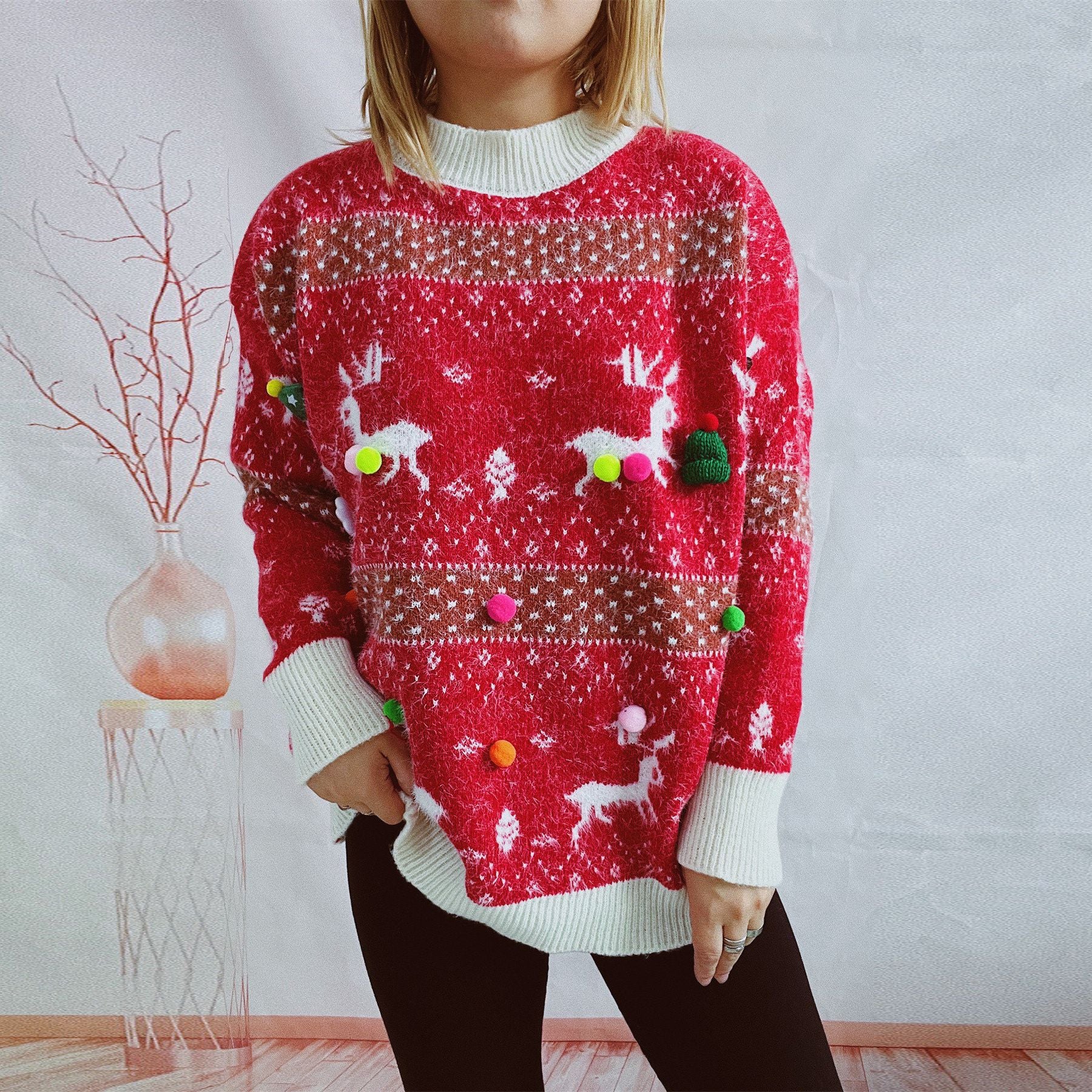 Autumn Winter Knitting Imitation Marten Deer Snowflake Jacquard Colorful Ball Christmas Sweater Scarf Two Piece Set
