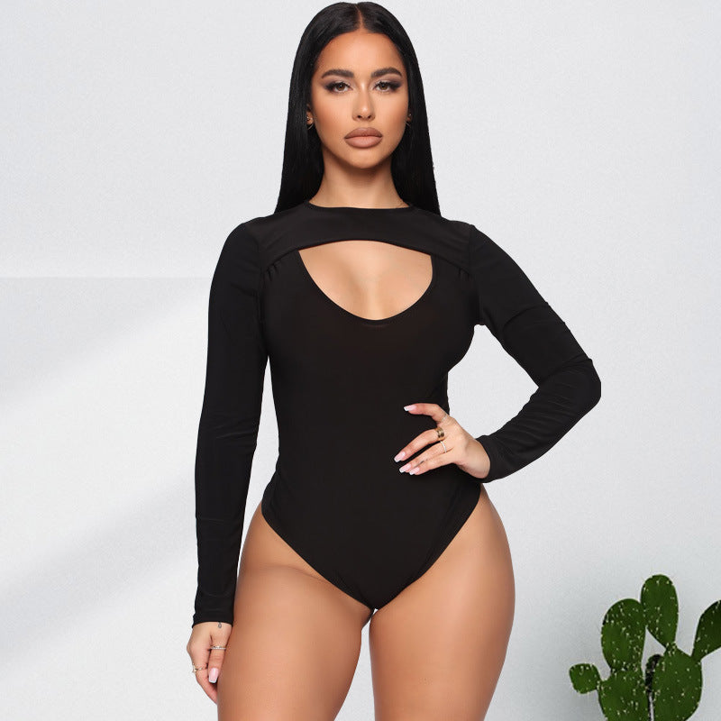 Plus Size Autumn Black Tight Sexy Hollow Out Cutout Jumpsuit Women Clothes