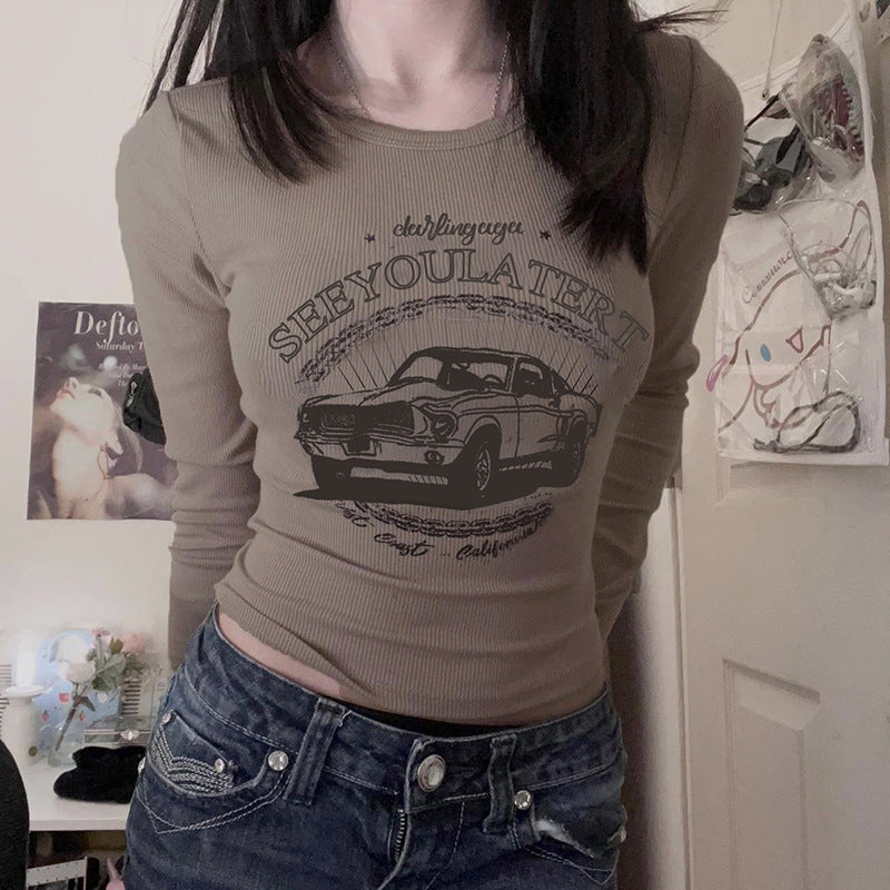 Basic Cartoon Car Letter Graphic Printing round Neck Long Sleeve T shirt Sexy All-Match Slimming Bottoming Top Autumn