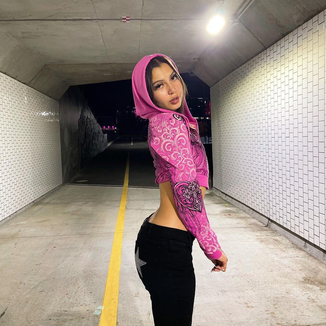 Printing Color Contrast Short Sweater Women Spring Autumn Hooded Zipper Short Top Women Sexy Bare Cropped