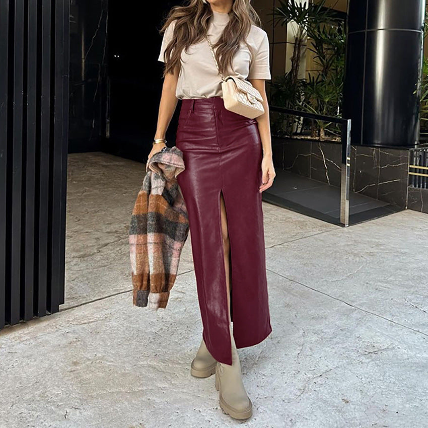 Wine Red Leather Straight Skirt Autumn Retro Women Clothing Leather Skirt Split Dress